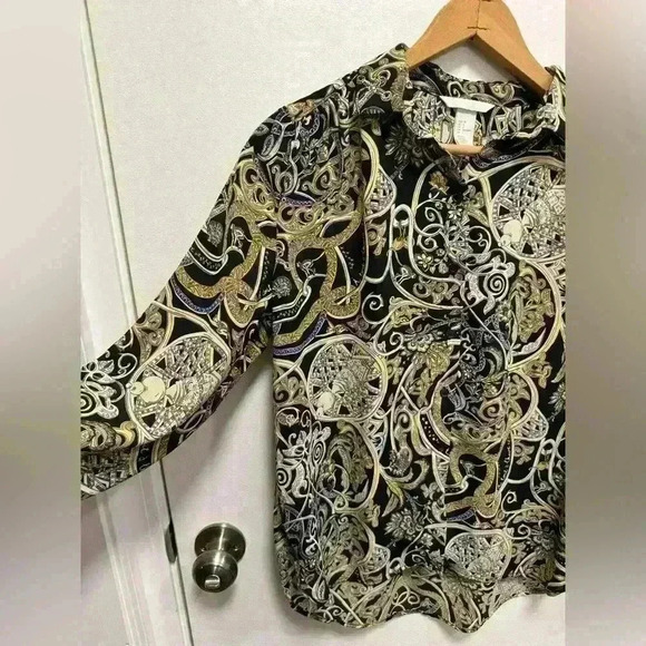 H&M Women Blouse Top Black Gold Floral Geometric Button Collar Long Sleeve US 4 - Picture 2 of 12
